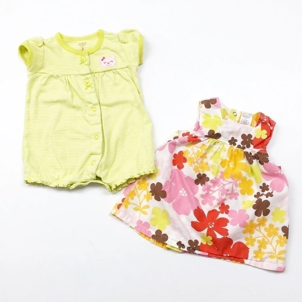Carter's kitty lime romper + Carter's floral print baby girl dress
